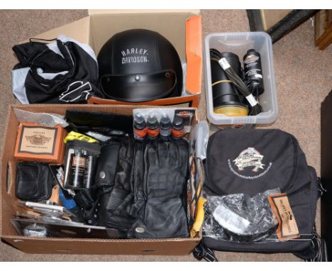 A Harley Davidson leather covered open face motorcycle helmet, with maker's drawstring carry bag, boxed, miscellaneous Harley