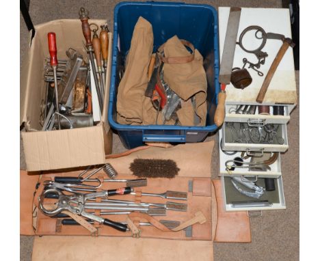 Miscellaneous equine veterinary equipment and other rural bygones, including bits and bridles, blacksmith's tools, etc 