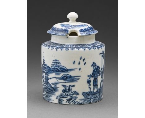 A Caughley mustard pot and cover, c1779-99, transfer printed in underglaze blue with the Fisherman pattern, 90mm h, printed S