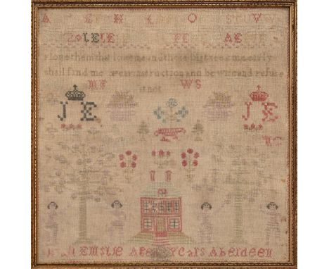 An early Victorian linen sampler, worked in wool with Adam and Eve, alphabet, house and verse, 39 x 38.5cm  With some loose t