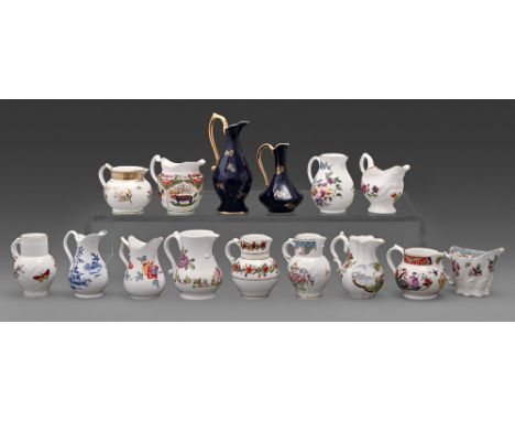 Thirteen Royal Worcester reproduction jugs and two Limoges jugs, mid/late 20th c, with printed decoration, 14.5cm h and small