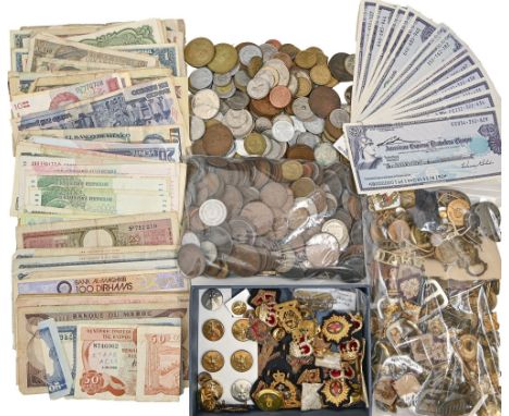 Coins. Miscellaneous United Kingdom and foreign coins and paper money, 19th c and later and British Army badges, tunic button