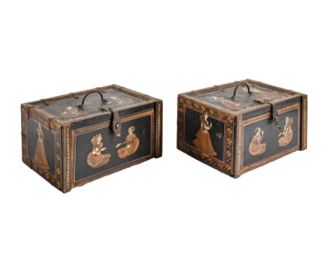 A pair of Indian painted wood jewel boxes, early 20th c, with iron clasp and swing handle, interior divided by six drawers, 1