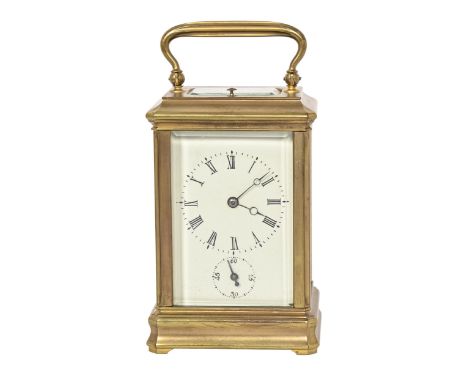 A French brass carriage clock, late 19th c, with platform escapement to the gong-striking movement, Roman and subsidiary Arab