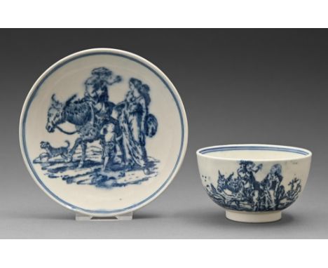 A Caughley tea bowl and saucer, c1776-88, transfer printed in underglaze blue with the Travellers pattern, saucer 12cm diam, 