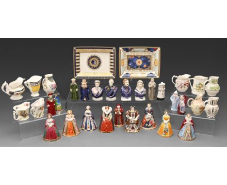 A collection of Royal Worcester candle snuffers, trays and reproductions of historical jugs, late 20th c, the candle snuffers
