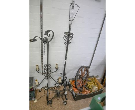 Miscellaneous Victorian and later metalware, including copper kettle, brass trivets and fire irons, an iron mounted hanging c