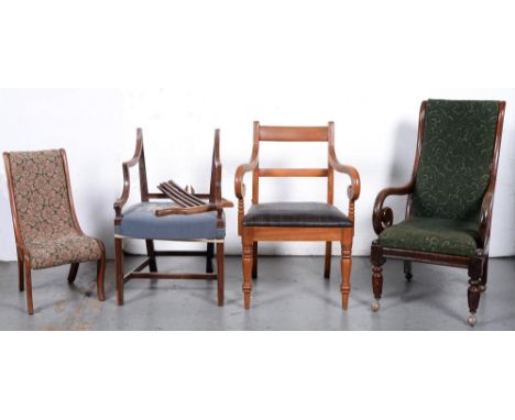 A Victorian mahogany elbow chair, with scrolling arms, covered in green fabric, a later mahogany elbow chair with scrolling a