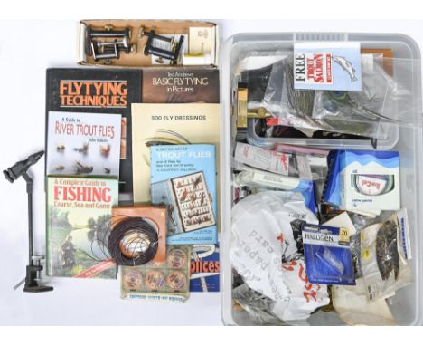 Angling and vintage toys. Miscellaneous fly fishing accessories and fly tying equipment, including Venlard bench mounted fly 