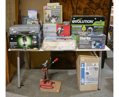 Miscellaneous tools, comprising of a cement mixer, router table, grinder, pillar drill, cut-off saw and wallpaper stripper 