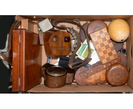 Miscellaneous bygones, 19th c and later, including brass mounted leather cartridge belt, hunting flask, tobacco pipes, foldin