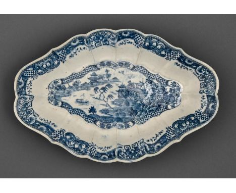 A Caughley fluted dessert dish, c1784-99, transfer printed in underglaze blue with the Willow Nankin pattern, 26.5cm l, deale