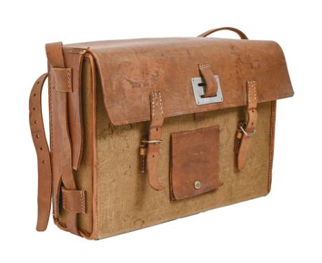 Militaria. A Czech Army issue pioneer tan leather and canvas shoulder bag, mid 20th c, 42cm l  Wear and signs of use but comp