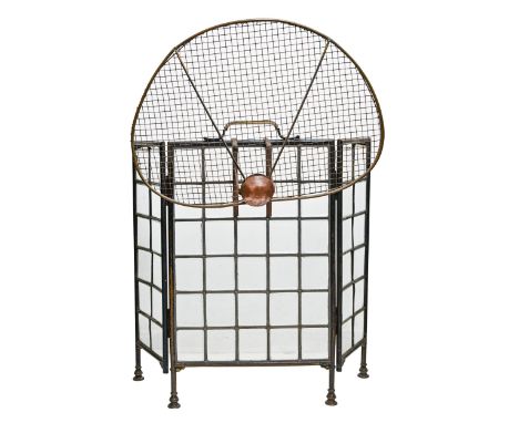 A black painted brass and leaded glass three-fold firescreen, early 20th c, 66 x 79cm and a later mesh spark guard, 57cm h 