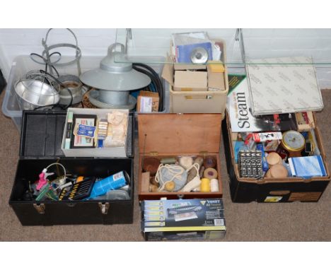 Miscellaneous tools and other items, including lamps, compressor hose, galvanised steel bird feeders, boxed model cars, etc 