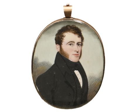 English School, early 19th c - Portrait Miniature of a Gentleman, half length in black coat and stock, sky background, ivory,