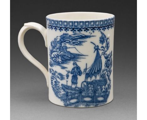 A Caughley mug, c1779-99, transfer printed in underglaze blue with the Fisherman pattern, 11cm h, dealer's label  Provenance: