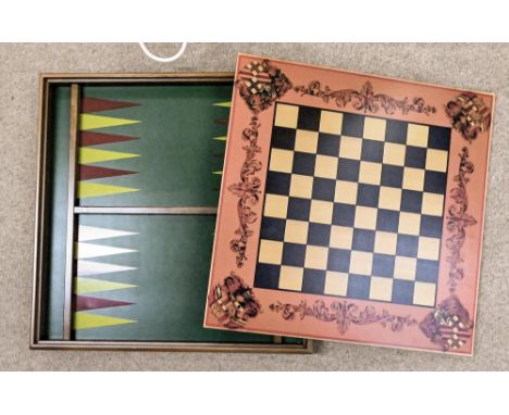 A pair of antique style carved hardwood Savonarola chairs, another similar X-framed seat and a tabletop games board, with bac