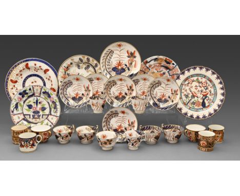 Miscellaneous English porcelain Japan pattern teaware and dessert plates, c1805-1835, to include a Spode London-shape part se