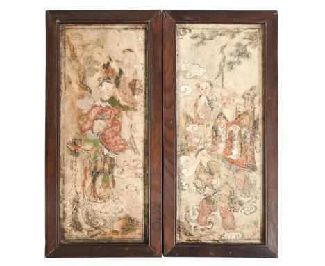 A pair of Chinese soapstone screen panels, Qing dynasty, 18th c, painted with Shoulao and attendants beneath a venerable pine