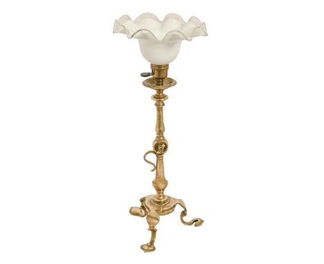 A F &amp; C Osler adjustable brass electric table lamp, early 20th c, on tripod, stamped Osler, later cased glass shade, 49cm