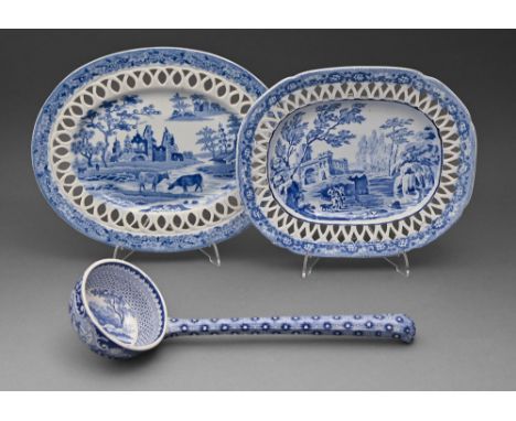A Brameld blue printed earthenware soup ladle, a Davenport earthenware reticulated stand and another similar, early 19th c, l