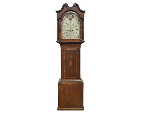 A Victorian inlaid mahogany eight day longcase clock, pendulum and weights, 205cm h  Base split, numerous chips and losses to