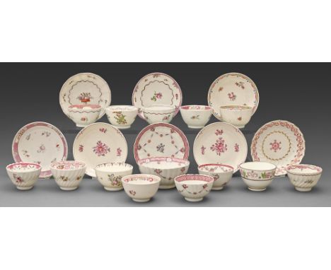 Miscellaneous English porcelain tea bowls and saucers and a fluted slop bowl, c1800, to include Caughley and Newhall, bowl 12