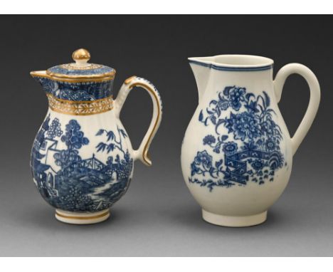 A Caughley sparrow beak jug and jug and cover, c1782-92, transfer printed in underglaze blue with the Fence and Pagoda patter