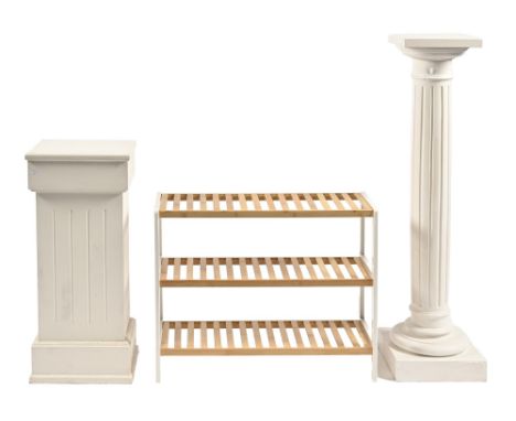 A white painted wood torchere, with square top and fluted shaft, 107cm h, top 24 x 24cm, a white painted pedestal and a light