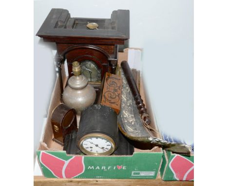 A belge noir drum cased mantle clock,&nbsp;with enamel dial, 22cm h, an oak miniature longcase clock with arched top brass mo