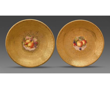 Two Royal Worcester plates, 1956 and later, painted by Freeman or Telford, both signed,&nbsp;with fruit reserved on a richly 