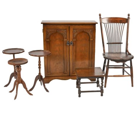 A Victorian ash comb back chair, seat height 43cm, an antique style oak cupboard, pair of wine tables, etc 