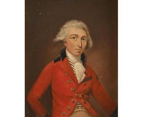 English School, 19th c - Portrait of a Gentleman, half-length, wearing a hunting jacket, oil on canvas, 28.5 x 22.5cm  Lined,
