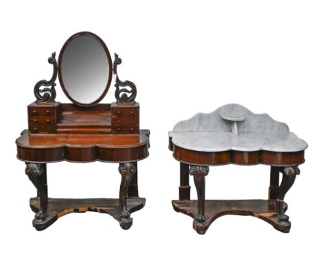 A Victorian mahogany dressing table and marble topped wash-stand en suite, dressing table 150cm h; 50 x 114cm  Veneer losses 