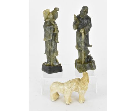 Two Chinese spinach jade figural sculptures, modelled as two of the eight immortals, He Xian Gu and Li Tie Guai, together wit