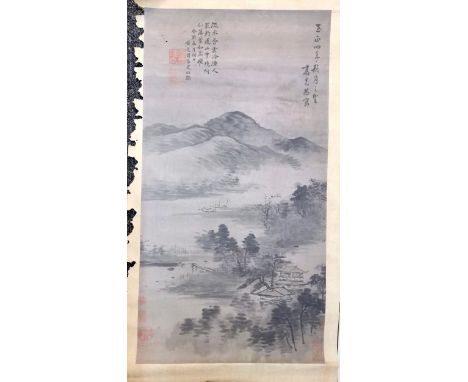 A Chinese Qing dynasty style scroll painting, ink on paper laid on silk, depicting a riverside landscape with mountains and p