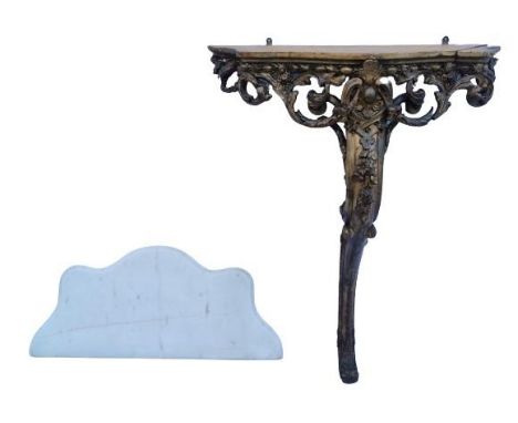 A 19th century giltwood and marble console table, with shaped white marble top, on a single carved foot, 89.5 cm high 