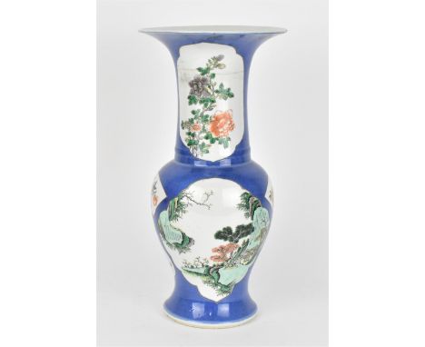 A Chinese Qing dynasty famille verte yenyen vase, possibly Kangxi (1662-1722), with floral and naturalistic vignettes on a po