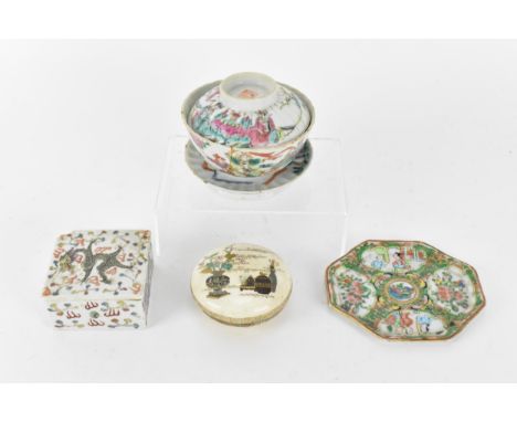 A Chinese Qing dynasty Famille Rose gaiwan tea bowl, 19th century, with painted enamel figural scenes, the cover and undersid