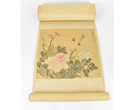 A Chinese watercolour on silk scroll painting of peonies, inscribed and with red seal mark to right edge, 30.5 cm high x 34 c