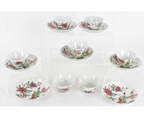 A set of seven Chinese Qing dynasty porcelain cups and saucers, 18th century, Qianlong period (1736-1795), in the Famille Ros