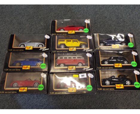 Maisto - a collection of ten Maisto diecast model motor vehicles 1:24, 1:25, 1:27 scale all appear mint in good plus box