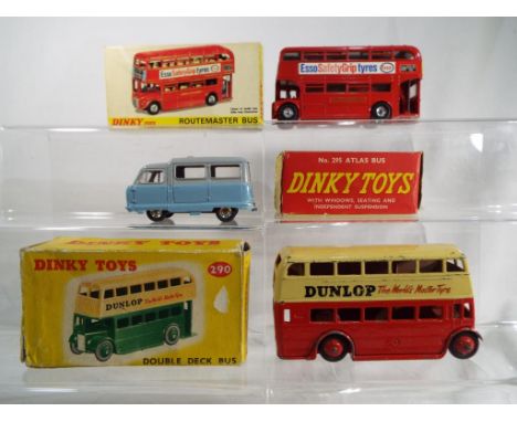Dinky Toys - Atlas Bus # 295, blue and grey body, red interior, spun hubs, mint in vg box, Double Deck Bus 'Dunlop' red and c