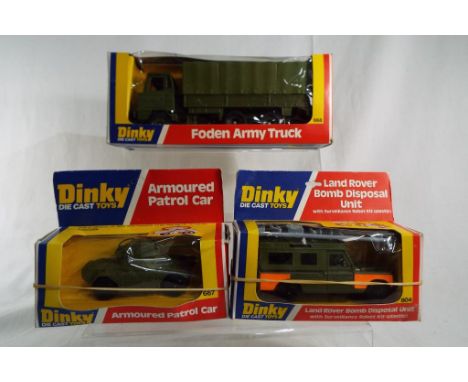 Dinky Toys - three diecast models comprising # 668 Foden Army Truck, # 604 Land Rover Bomb Disposal Unit with surveillance ro