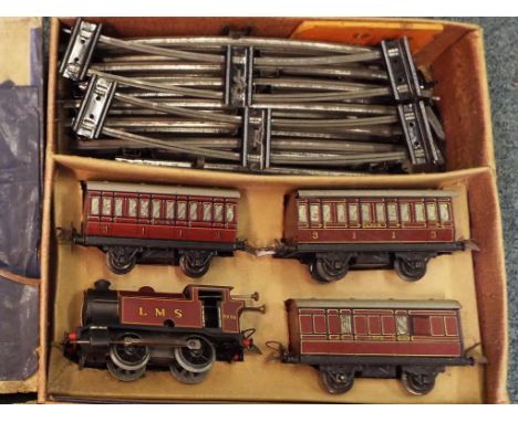 Model Railways - an O gauge Hornby clockwork train set, tin plate comprising tank locomotive Op No 2270, three carriages and 