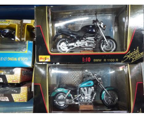 A collection of ten diecast model motorbikes and sidecar combinations, 1:10, 1:12 and 1:18 scale to include Maisto, Sidecar C