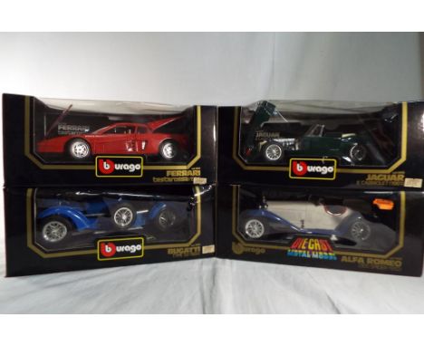 Burago - four 1:18 scale models, Bugatti, Ferrari, Jaguar and Alpha Romeo, all appear mint in window boxes [4]