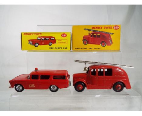 Dinky Toys - Streamlined Fire Engine, red body and ridge hubs, with ladder and bell # 250, near mint in exc orig yellow pictu