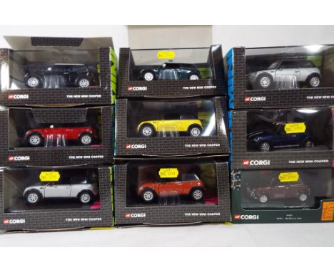 Corgi - 9 New Mini Coopers to celebrate the launch of the new Mini Cooper in 2000. All in 1:36 scale and in original boxes. I